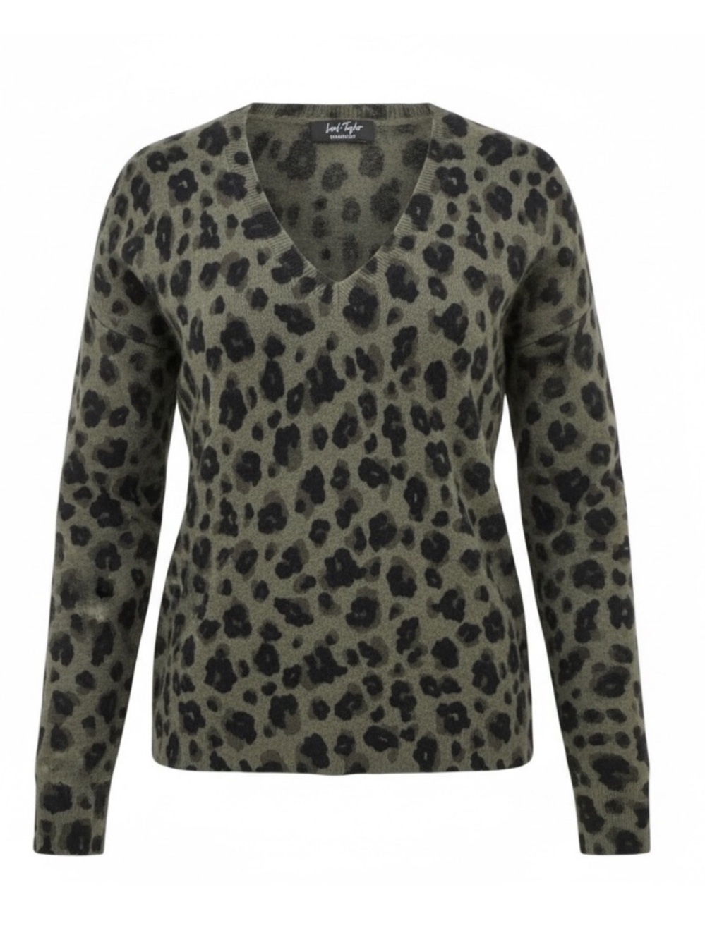 Lord & Taylor 100% Cashmere V-Neck Sweater Leopard Cheetah Print Army Green S